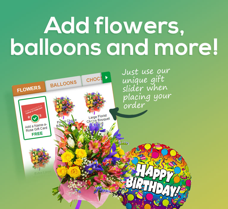 Add flowers, balloons and much more to your hamper