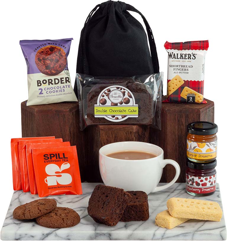 Double Chocolate Cake and Tea in a Black Sack