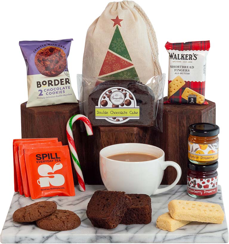 Double Chocolate Cake and Tea in a Festive Sack