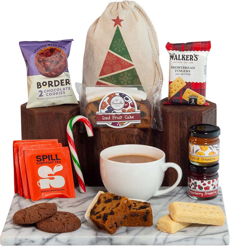 Iced Fruit Cake and Tea in a Festive Sack